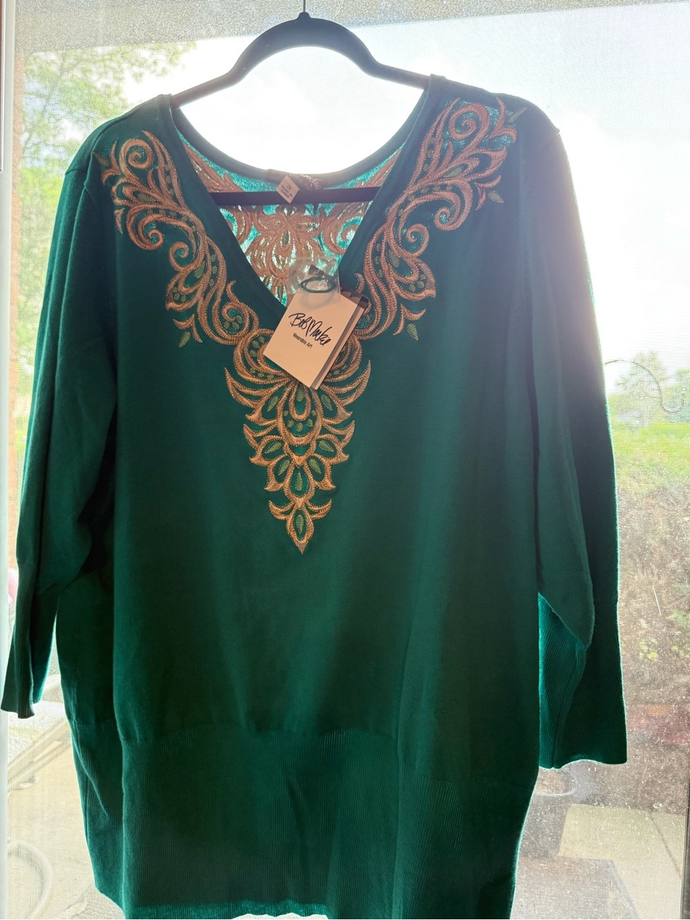 Bob Mackie Wearable Art Embellished Green V-Neck Sweater